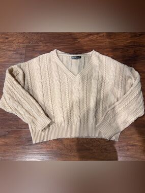 SHEIN Cream Cable Knit V-Neck Sweater